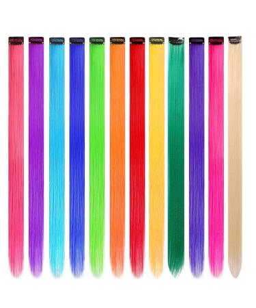 12 Pcs Colored Hair Extensions Colorful Clip in Hair Extensions 21 inch Synthetic Straight Hair Extensions for Kids Girls Women 12pcs - Rainbow