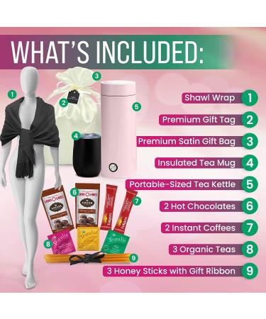 Women's Gift Set: Portable Kettle, Organic Tea, Honey, Hot Cocoa, Coffee, Pashmina Shawl | Birthday Basket for Friendship, Self-Care, Teacher, Mom - Buy Online on SooperMarket.com