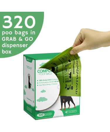 320 Compostable Dog Poo Bags with Easy-Tie Handles - Biodegradable Cornstarch - 3 Month Supply with Dispenser Box - Buy Online on SooperMarket.com