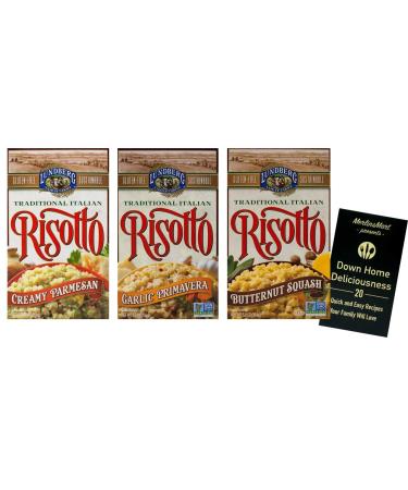 Lundberg Traditional Italian Risotto Rice | Gluten-Free | 3 Flavor Variety (1) each: Creamy Parmesan, Garlic Primavera, Butternut Squash (5.5-5.8 Ounces) Plus Recipe Booklet Bundle