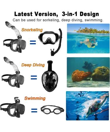Bairuifu Dry Top Foldable Snorkel Mask Set - Anti-Fog 180 Panoramic View, Leak-Proof Design - Ideal Scuba Diving & Snorkeling Gear for Adults, Men, Women, Youth & Kids - Camera Mount Included (Black, Large) - Buy Online on SooperMarket.com