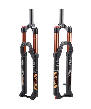 BUCKLOS 26/27.5/29 inch MTB Fork 120mm Travel, 1-1/8" Straight/Tapered Mountain Bike Fork Rebound Adjust, 15mm100mm Axle, Manual Lockout Air Shocks Gold-Straight tube 27.5"