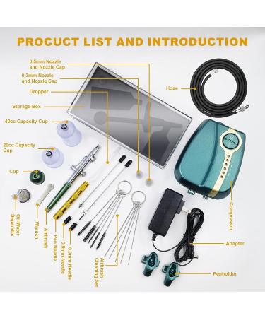 Tplook Upgraded 37PSI Airbrush Kit - Dual-Action Multi-Function 5-Stage Pressure Adjustment - Automatic Stop Compressor for Makeup, Painting, Tattoo, Cake Decorating - Green - Buy Online on SooperMarket.com