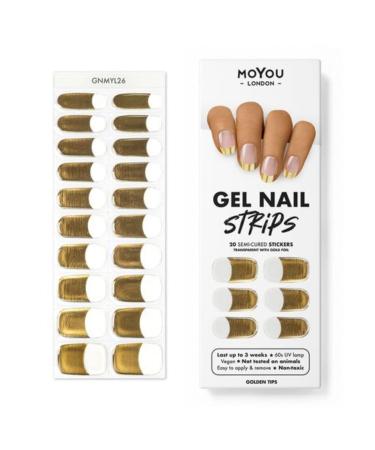 MOYOU LONDON Semi Cured Gel Nail Wraps 20 Pcs Gel Nail Polish Strips for Salon-Quality Manicure Set with Nail File & Wooden Cuticle Stick (UV/LED Lamp Required) - Golden Tips