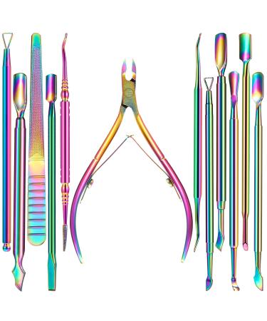 12 Pieces Cuticle Nippers and Ingrown Nail Kit Cuticle Pusher Triangle Nail Polish Remover Nail Cleaner Fork Nail File Lifter Cuticle Peeler Scraper for Fingernail Toenail Manicure Rainbow