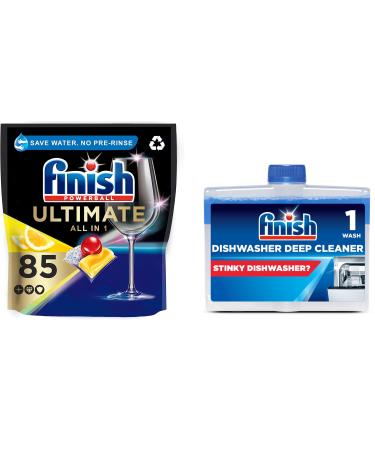 Bundle of Finish Quantum Ultimate Dishwasher Tablets Lemon Scent 85 Tablets + Finish Dishwasher Cleaner Twin Pack Original Pack of 2 2 x 250 ml
