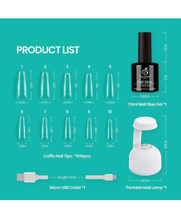Beetles Nail Tips and Glue Gel Kit with 500 Coffin Nails - Fast DIY Halloween Nail Art - UV LED Lamp Included - Buy Online on SooperMarket.com