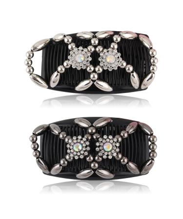 Kytpyi Hair Combs Slides for Women Hair Combs for Women 2 PCS Magic Elastic Beaded Hair Comb Slides Double Sided Clips Hair Comb for Women Girls DIY Hair Styling Hair Accessories for Daily Life Flowers B