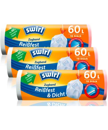 Swirl tear-resistant & leak-proof drawstring garbage bags multipack 3x 60l/10 bags white 10 pieces (pack of 3)