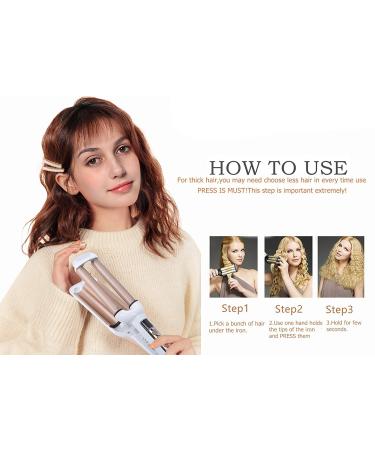 Professional Ceramic Hair Crimper Iron 3 Barrel 0.6 inch - Instant Curls & Crimping Hair Curling Iron - Valentines Day Gift for Women - Gold & White - Buy Online on SooperMarket.com