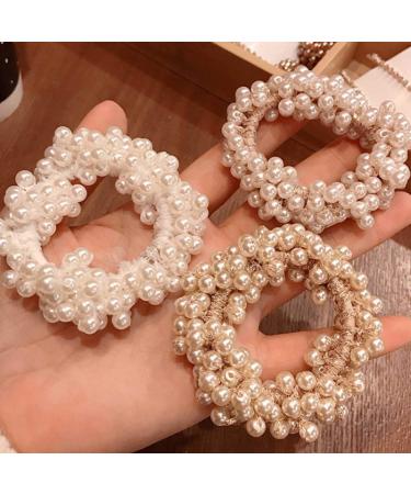 Runmi Hair Ties 3 Pack Hair Scrunchies Pearl Hair Bands Beads Ponytail Holders Hair Accessories for Women Girls