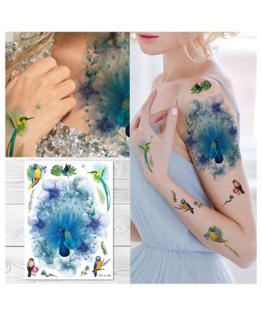 Watercolor Dream of Peacock & Hummingbirds Large Temporary Tattoos | Supperb - Buy Online on SooperMarket.com