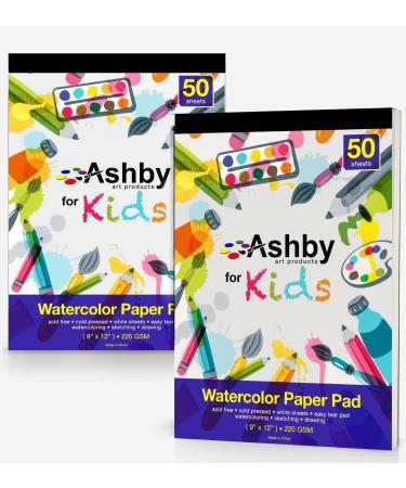 Ashby for Kids - Premium Quality Watercolor, Drawing, Finger Paint and Sketch Paper (220 GSM) - Each Pad Contains 50 Glue Bound Sheets for Easy Removal (2 Pads (100 Sheets) - Natural White) 2 Pads (100 Sheets) - White
