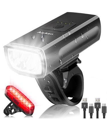 Alyken Bike Lights Set, Super Bright Bicycle Light USB Rechargeable Bike Lights for Night Riding Safety Refracted Bike Light 1200 Lumen IPX65 Waterproof 2+6 Modes Front Headlight and Rear Taillight