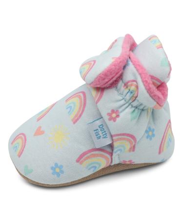 Dotty Fish Cotton Baby Booties with Suede Sole. Warm Fleece Lining. Non-Slip Pram Shoes. Stay On Slippers. From 0-18 months. Boys Girls Unisex. Winter First Shoes. 0-6 Months Blue With Rainbows and Hearts