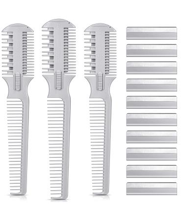 3 Pieces Hair Cutter Comb Double Sided Hair Razor Comb Hair Thinning Comb Hair Styling Razor Combs with 10 Pieces Replacement Blade, Hair Shaper Razor with Comb for Hair Thinning Cutting Styling