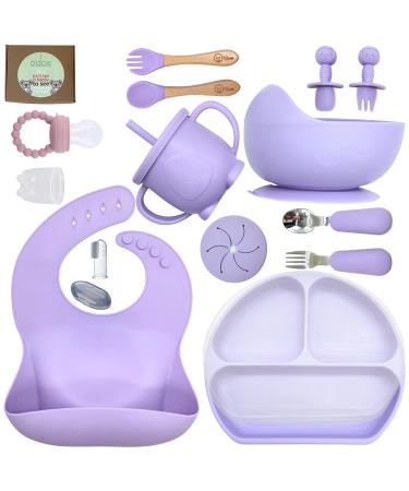 Baby Led Weaning Feeding Supplies for Toddlers O'doe Baby Feeding Set (17 Pcs) | Suction Silicone Baby Bowl Self Eating Utensils with Fruit Feeder Cup Bibs Food Plate Kit with Lid (Purple V2)