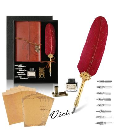 Victse calligraphy pencils vintage calligraphy spring retro writer seal dip pen with 8 replacement tips 5 set envelopes (red)
