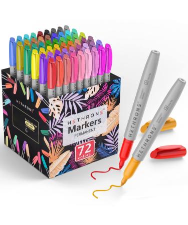 Hethrone Permanent Markers for Adult Coloring, 72 Assorted Colors Markers, Colored Marker Pens Work on Plastic, Wood, Stone, Metal and Glass Multicolor