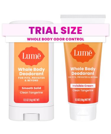 Lume Whole Body Deodorant - Invisible Cream + Solid Stick Mini Bundle - 72 Hour Odor Control - Aluminum & Baking Soda Free Skin Loving - 0.5 Ounce Each - Travel Trial Size Minis (Clean Tangerine)