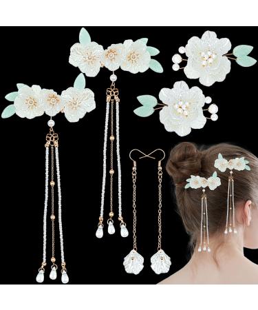3 Pair Flower Pearl Barrettes Earring Tassel Hair Pin White Vintage Flower Duckbill Hair Clips Kawaii Kimono Pearl Floral Bride Wedding Hair Accessories for Women