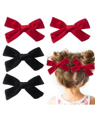 4Pcs Bow Hair Clips for Girls 3.8 Inch Velvet Hair Bows Christmas Hair Clips for Women Toddler Girls(Red Black)