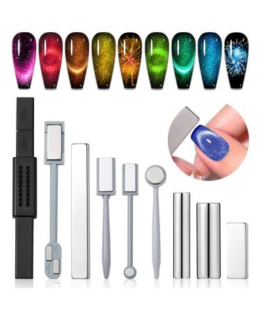 Saviland Cat Eye Magnetic for Nail: 9PCS Cat Eye Gel Nail Polish Magnet Tools Set Strong Suction Nail Magnet Nails Square Round Magnet Stick Diverse Cat Eye Effect Double Ended Nail Salon Art Tools 9 PCS