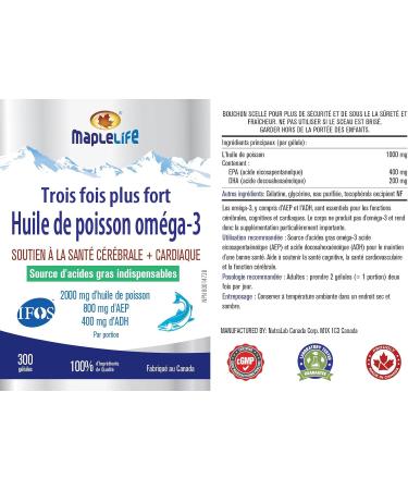 MapleLife - Triple-Strength - Omega-3 Fish Oil - Brain + Heart Health - Essential Fatty Acids - DHA EPA - Fish Oil Softgel 2000 Mg - 300 softgels - Buy Online on SooperMarket.com