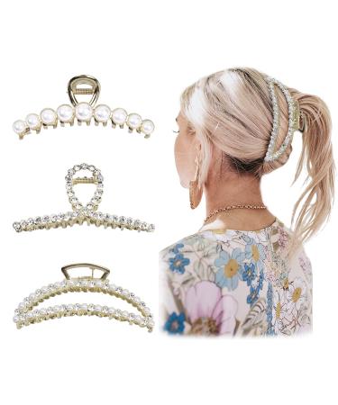 DEEKA 3 Pcs Large Metal Pearl Hair Claw Clips Rhinestone Gold Metal Hair Clips Thick Long Hair Jaw Clips Hair Accessories for Women and Girls