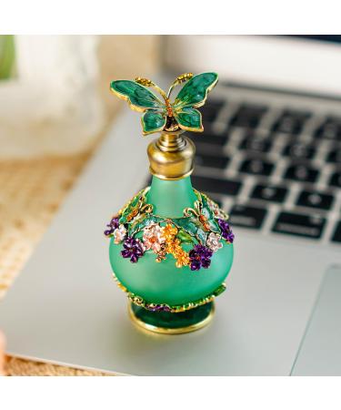 Yu feng vintage crystal perfume bottles empty refillable butterfly flowers decoration glass perfume bottle for essential oils green