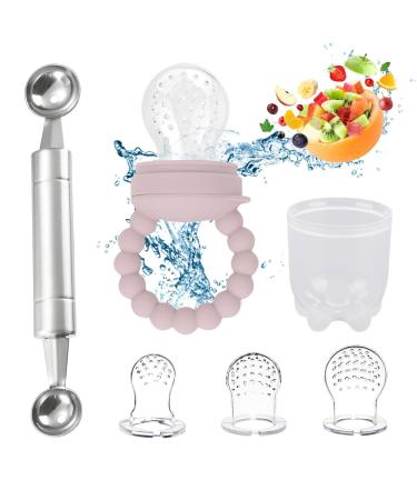 Baby Fruit Teat Baby Food Accessories Teething Aid Baby Fruit Teat Baby from 6 Months Teat in 3 SISE TEEething Ring for Fruit Vegetable Porridge Complementary Food with Fruit Spoon (Pink)