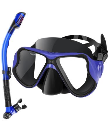 Jiazonsong Dry Snorkel Set, Panoramic Wide View Snorkel Mask, Anti-Fog Tempered Glass Diving Mask, Free Breathing& Easy Adjustable Strap Scuba Mask, Professional Snorkeling Gear for Adults BlackBlue