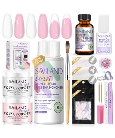 SAVILAND Acrylic Nail Kit: Keratin Acrylic Powder with Castor Oil Vitamin E Nail Primer Nail Glue French Tips Pink Rhinestones Full Tools Everything for Beginners DIY Home Salon