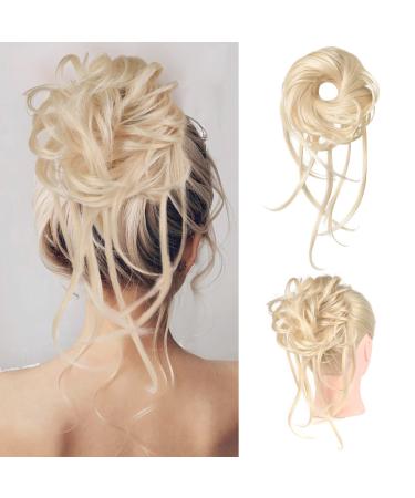Messy Bun Hair Piece 1PC REECHO Super Long Tousled Updo Hair Bun Extensions Curly Wavy Hair Wrap Ponytail Hair Scrunchies with Elastic Hair Band Hair Accessory for Women Girls - Light Blonde