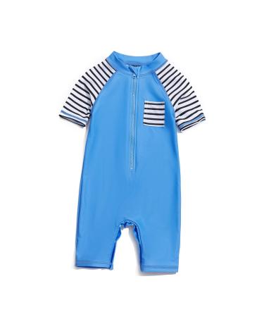 BONVERANO Baby Boys Swimsuit Toddler Bathing Suit Short-Sleeve Zipper One Piece Swimwear with UPF 50+ Sun Protection 2-3 Years Blue Pocket