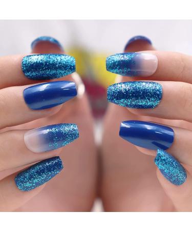 Luvadeyo 24 PCs Blue Gradient Coffin Press on Nails | Glitter Artificial False Nails for Women & Girls | Double-Sided Adhesive Tabs Included - Buy Online on SooperMarket.com