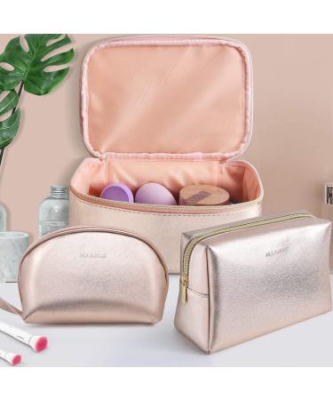 MAANGE 3 Pcs Portable Travel Makeup Bag Set - Waterproof Cosmetic Organizer with Gold Zipper for Women and Girls (Rose Gold) - Buy Online on SooperMarket.com