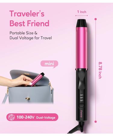 Dual Voltage Travel Ceramic Curling Iron - 1 Inch Mini Size Adjustable Temperature Keratin & Argan Oil - Perfect for Short Hair Includes Storage Bag Hot Pink - Buy Online on SooperMarket.com