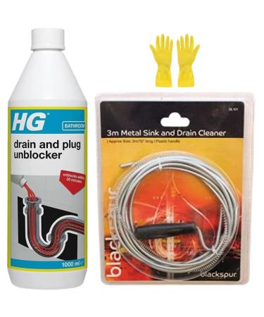 HG Drain Plug Unblocker Liquid Heavy Duty 1L 1x Ashley Wire Waste Clearer Unclogger Snake Tool 3m & 1x CHG Cleaning Gloves (M) - Sink Cleaner Hair Sludge Remover to Unblock Clogged Pipes