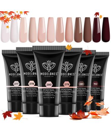 Modelones polygel set autumn with 6 colors nude pink brown poly gel nail yourself set quick extension building acrylic gel for starter nail art nail design make polygel set 001 15 ml (1 Pack)