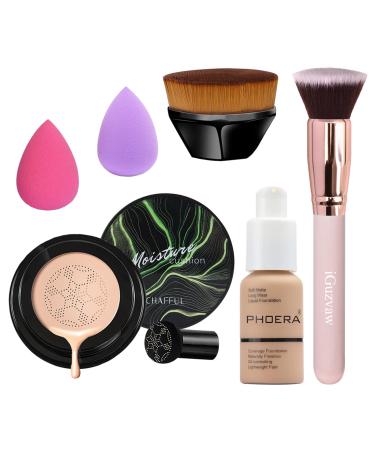Mushroom Head Air Cushion CC Cream Foundation Full Coverage Foundation Foundation Makeup Brush Makeup Sponge Concealer Matte Oil Control Waterproof (104 Buff Beige + Natural CC)