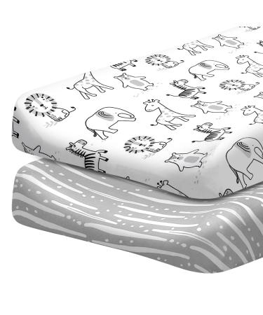 Babysland Changing Pad Cover for Boys Girls, 2 Pack Soft Cotton Neutral Baby Changing Table Cover (Animals and Zebra Stripes)