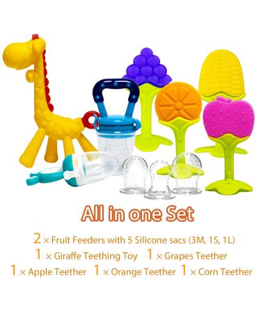 HONGTEYA Teething Toys 6 Pack for Babies 0-12 Months | BPA-Free Silicone Teethers & Fruit Feeders Set (Blue) - Buy Online on SooperMarket.com