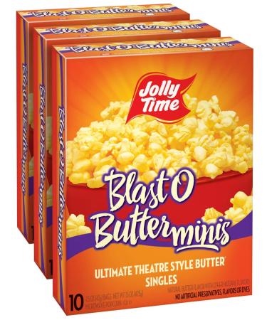 JOLLY TIME Natural Mini's Microwave Popcorn Bags Single Serving Mini Snack Size Gluten Free 3 Pack 10 Count Boxes (Blast O Butter)