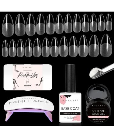 Makartt Nail Tips and Glue Gel kit  Solid Nail Glue Gel 15ML with 500pcs Almond Medium Pre-buffed Soft Gel Nails Tips Full Cover & Portable Mini Nail Lamp and Nail Gel Base Coat Nail Art DIY Manicure