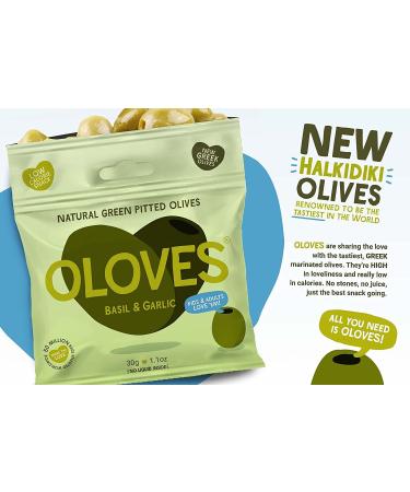 OLOVES Green Greek Pitted Olives | Basil & Garlic | Vegan, Kosher, Gluten Free, Keto Friendly | Fresh & All Natural Low Calorie Healthy Snack (30 Pack, 1.1oz Bags) - Buy Online on SooperMarket.com
