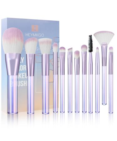 Makeup Brushes HEYMKGO 12pcs Professional Brushes Set Foundation Blending Powder Blush Concealers Eyeshadow Eyeliner Make Up Brush Kits Transparent Handle with a Triangle Puff Purple