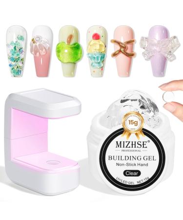 MIZHSE Solid Sculpture Builder Gel for Nails Clear Non-Stick Hand Nail Extension Gel Nails Starter Kit with Mini Nail Lamp - 10W U V/LED Nail Dryer U V Light for Nails for 3D Nail Gel Nail Polish Kit transparent