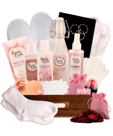 Peach Luxury Spa Gift Basket for Women Men Couples & Teens! Pampering Spa Bath Gift Set with Journal Slippers Socks etc for a Lavish Home Spa Experience! You Deserve It Gift Tag
