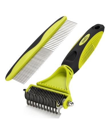 Pecute Dog Brush Cat Brush for Grooming Double Sided Blade Dog Rake with Dog Comb Dog Under Coat Rake Removes Loose Undercoat Knots Mats Dog Grooming Kits Dog Hair Brush Green Rake+Comb